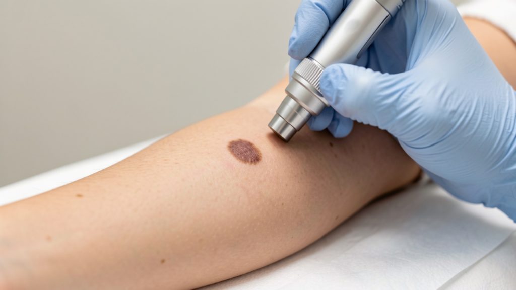 Gros plan d’un grain de beauté irrégulier examiné avec un dermatoscope dans un contexte médical.