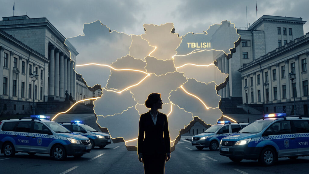 Illustration éditoriale réaliste montrant une carte reliant Tbilissi à Kyiv, une silhouette de femme politique, des bâtiments ministériels et des véhicules de patrouille bleus.