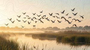 Illustration réaliste d’un groupe d’oiseaux migrateurs volant au-dessus d’une zone humide baignée par la lumière dorée de l’aube, avec une représentation discrète des routes migratoires dans le ciel.